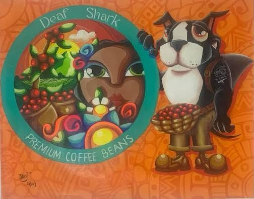 Deaf Shark illustrated dog character beside coffee artwork