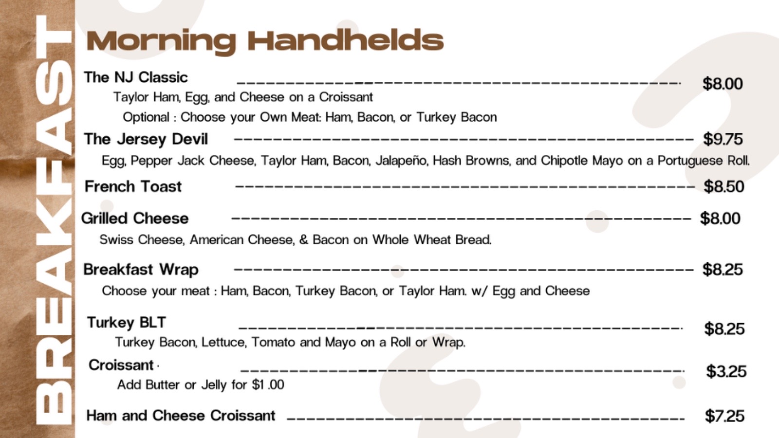 Deaf Shark Coffee Morning Handhelds and Breakfast Menu