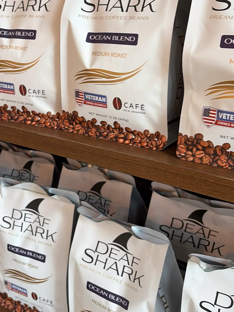 Deaf Shark Ocean Blend coffee bags displayed in the Union shop